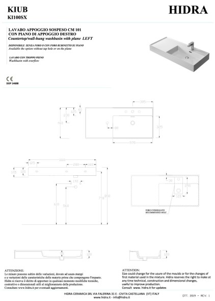 Hidra Kiub, накладная/подвесная прямоугольная раковина 101x46x12h см, чаша справа, цвет черный матовый
