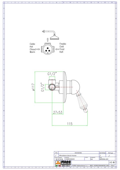 Fiore Imperiale Sky, встраиваемый в стену однорычажный смеситель для душа, цвет бронза - Swarovski