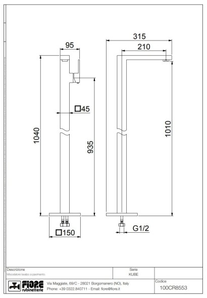 Fiore Kube, однорычажный напольный смеситель для раковины (излив 22 см), цвет хром