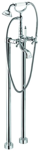 Emmevi Deco Old, двухвентильный напольный смеситель для ванны (излив 12 см), с набором для душа (лейка и дивертер с белой ручкой), цвет хром 1261128/CR
