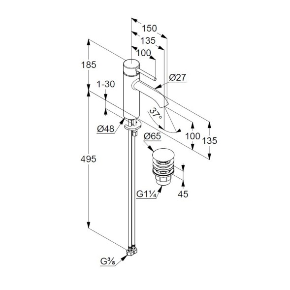 Смеситель KLUDI BOZZ 382880576 для раковины на одно отверстие однорычажный с донным клапаном