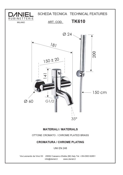 Daniel Tokyo, однорычажный смеситель для ванны c набором для душа, цвет хром