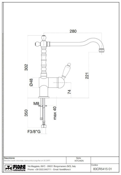 Fiore Imperiale, однорычажный смеситель для кухни (излив 28 см), без донного клапана, цвет хром