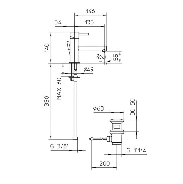Смеситель для раковины Bossini Oki Z005301.021 на 1 отверстие с донным клапаном цвет золото