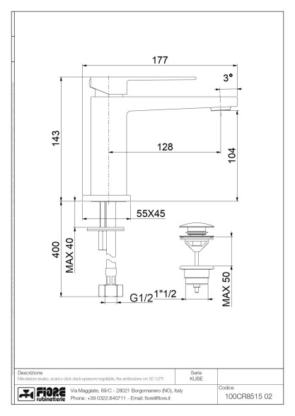 Fiore Kube, однорычажный смеситель для раковины (излив 13 см), с донным клапаном click-clack, цвет хром