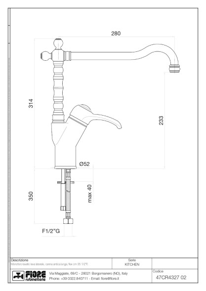 Fiore Jafar, однорычажный смеситель для кухни (излив 28 см), без донного клапана, цвет бронза