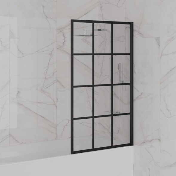 Paini Душевая шторка на ванну Screen 80 см, неподвижная, принт решетка, профиль черный