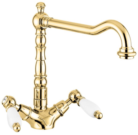 Emmevi Deco Ceramic, двухрычажный кухонный смеситель (поворотный излив 23 см), без донного клапана, цвет золото 121617/OR