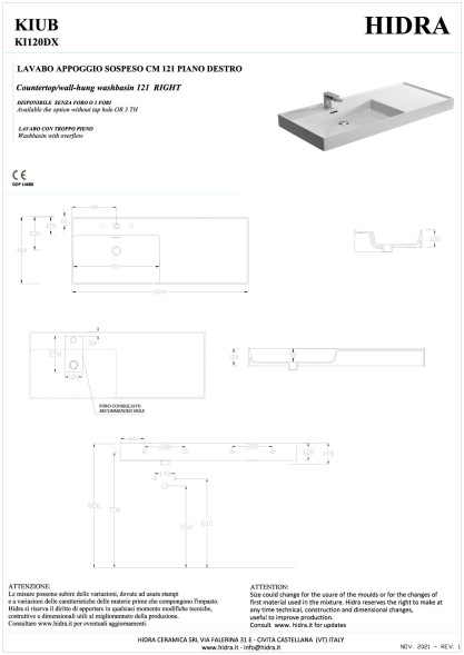 Hidra Kiub, накладная/подвесная прямоугольная раковина 121x46x12h см, чаша слева, цвет белый глянцевый