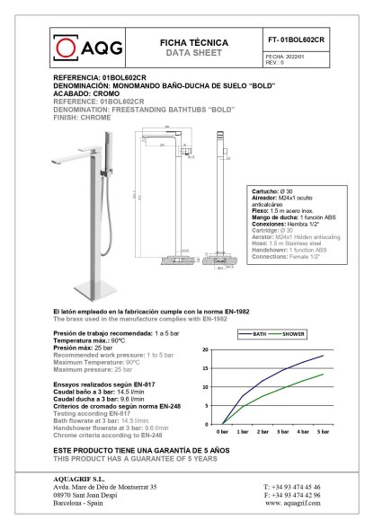 AQG Bold, однорычажный напольный смеситель для ванны (излив 24 см), с дивертером, цвет хром