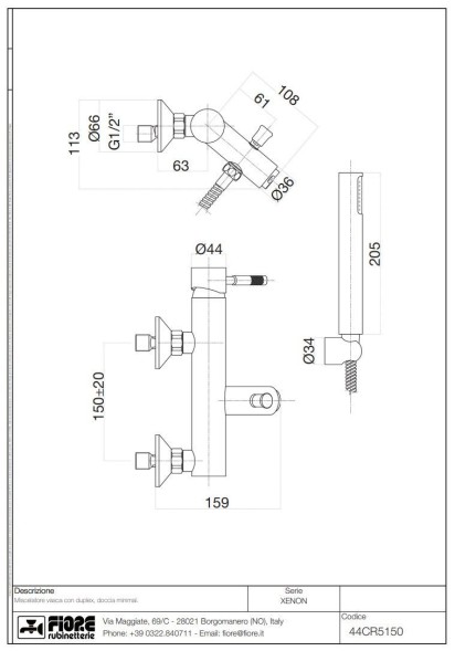 Fiore Xenon, однорычажный смеситель для ванны (излив 15 см), с набором для душа, цвет золото