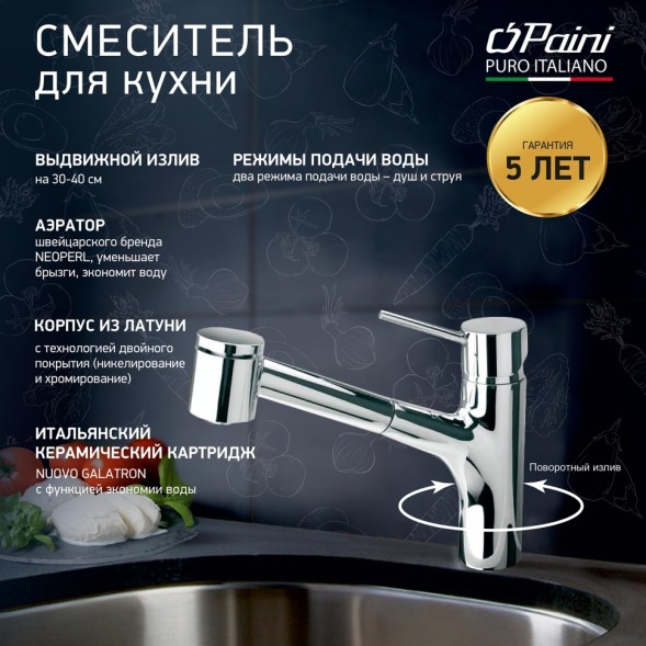 Paini Смеситель для кухни Cox выдвижной излив, хром (CR)