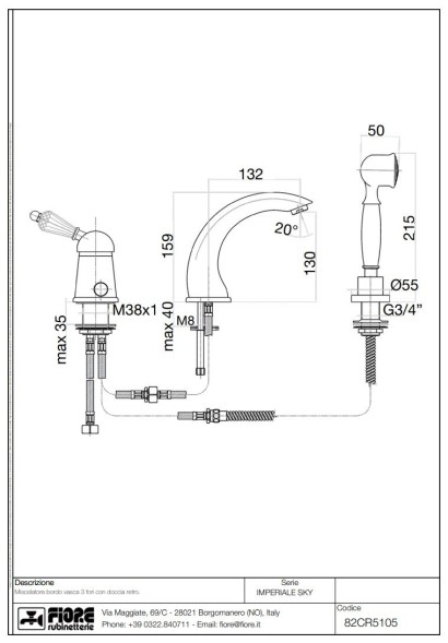 Fiore Imperiale Sky, комплект смесителя на борт ванны (излив 13,2 см), на 3 отверстия, с набором для душа, цвет хром - Swarovski