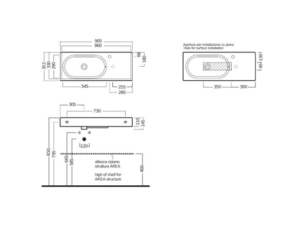 Раковина HATRIA AREA Y0UE01 подвесная или на тумбу с одним отверстием с переливом цвет белый