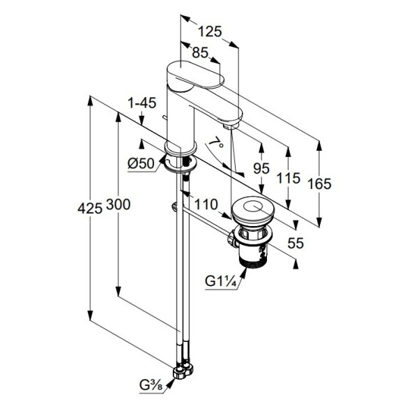 Смеситель KLUDI X1 322883975 для раковины на одно отверстие однорычажный с донным клапаном
