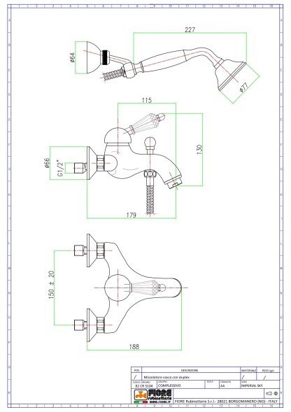 Fiore Imperiale Sky, однорычажный смеситель для ванны (излив 17,9 см), с набором для душа, цвет бронза - Swarovski