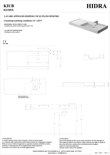 Hidra Kiub, накладная/подвесная прямоугольная раковина 121x46x12h см, чаша справа, цвет белый глянцевый