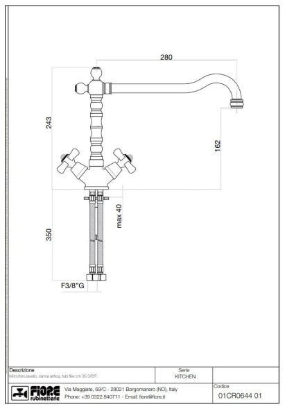Fiore Margot Sky, двухвентильный смеситель для кухни, цвет хром - Swarovski
