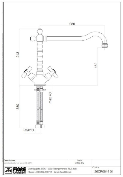 Fiore Margot, двухвентильный смеситель для кухни (поворотный излив 28 см), без донного клапана, цвет золото