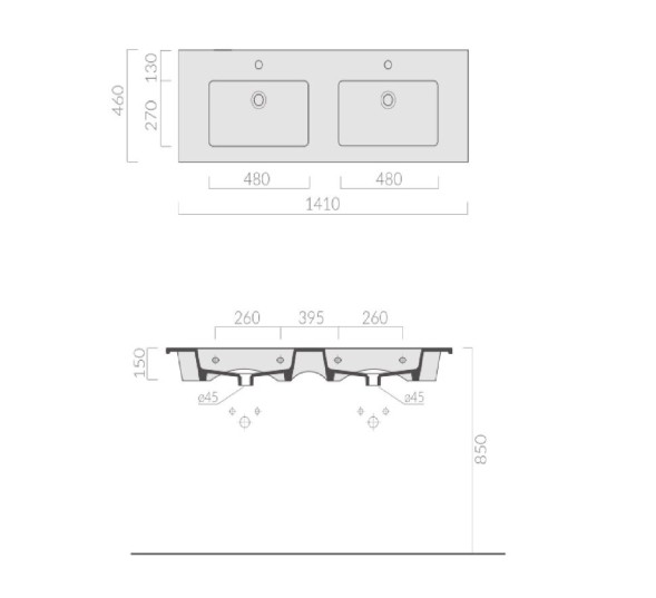 Раковина GALASSIA EDEN 7228  двойная подвесная или встраиваемая сверху без отверстий с переливом цвет белый глянцевый