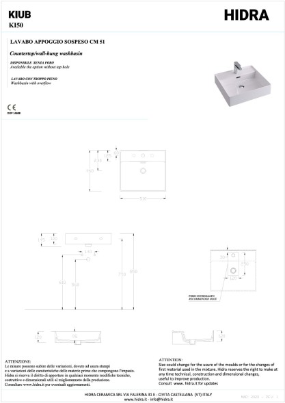 Hidra Kiub, накладная/подвесная прямоугольная раковина 51x46x12h см, цвет белый глянцевый