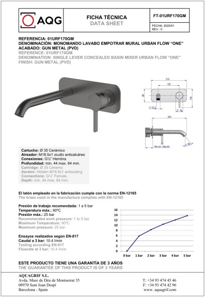 AQG Urban Flow One, встраиваемый в стену однорычажный смеситель для раковины, цвет оружейная сталь (PVD)