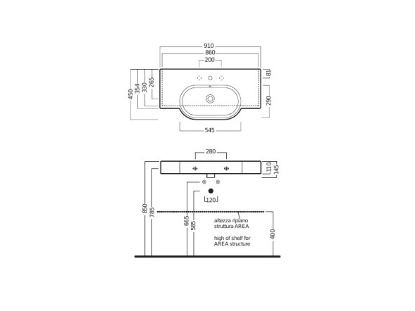 Раковина HATRIA AREA YXA001 подвесная или на тумбу с одним отверстием с переливом цвет белый