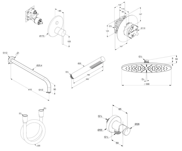 Комплект KLUDI BOZZ 386585376 душевой 7 в 1 верхний душ 300 мм