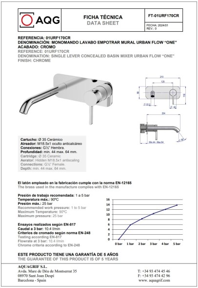 AQG Urban Flow One, встраиваемый в стену однорычажный смеситель для раковины, цвет хром