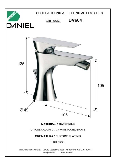 Daniel Diva, однорычажный смеситель для биде с донным клапаном, цвет хром