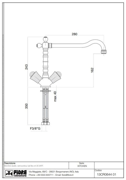 Fiore Venere Sky, двухвентильный смеситель для кухни, цвет хром - Swarovski