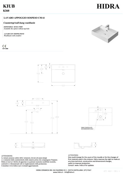 Hidra Kiub, накладная/подвесная прямоугольная раковина 61x46x12h см, цвет белый глянцевый