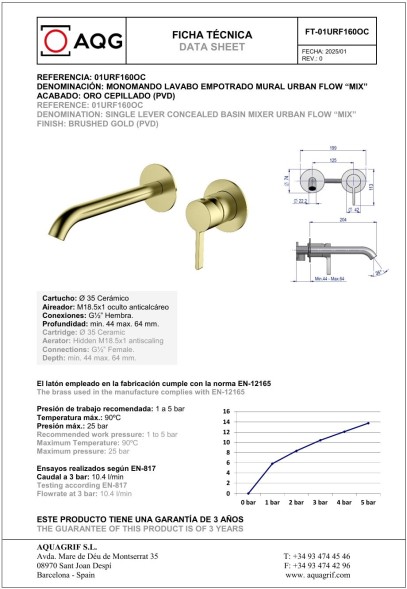 AQG Urban Flow Two, встраиваемый в стену однорычажный смеситель для раковины, цвет матовое золото (PVD)