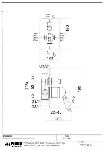 Fiore Imperiale, встраиваемый в стену однорычажный смеситель для душа на 2 выхода, цвет золото