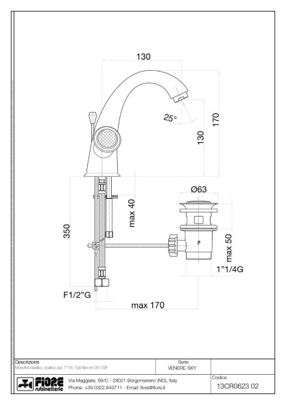 Fiore Venere Sky, двухвентильный смеситель для раковины с донным клапаном, цвет хром - Swarovski