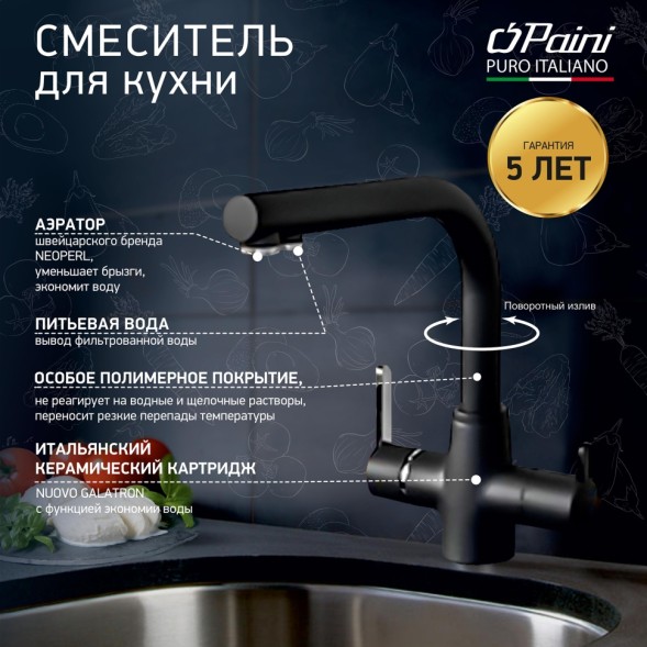 Paini Смеситель для кухни Arena на 3 воды, черный (YO)