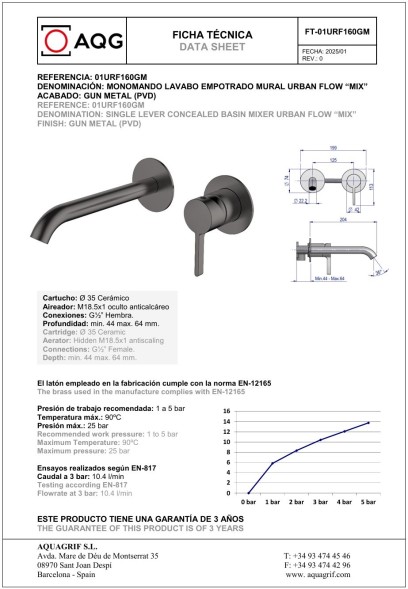 AQG Urban Flow Two, встраиваемый в стену однорычажный смеситель для раковины, цвет оружейная сталь (PVD)