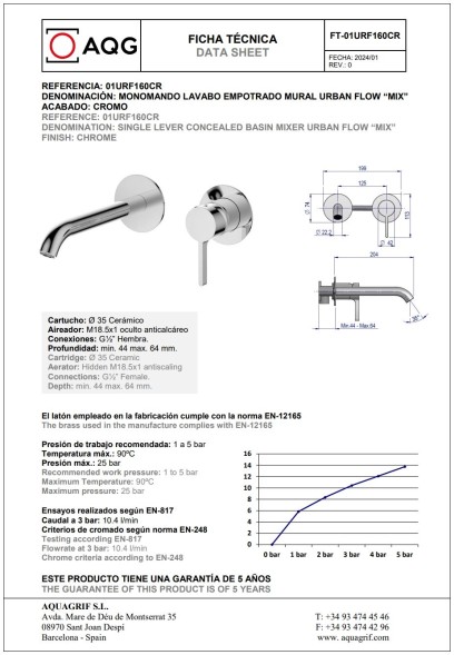 AQG Urban Flow Two, встраиваемый в стену однорычажный смеситель для раковины, цвет хром