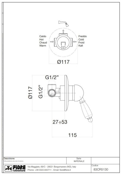 Fiore Imperiale, встраиваемый в стену однорычажный смеситель для душа, цвет бронза