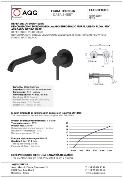 AQG Urban Flow Two, встраиваемый в стену однорычажный смеситель для раковины, цвет черный матовый