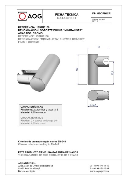 AQG MINIMALISTA, круглый нерегулируемый держатель для ручного душа, цвет хром