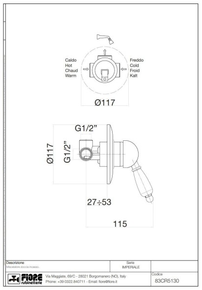 Fiore Imperiale, встраиваемый в стену однорычажный смеситель для душа, цвет золото