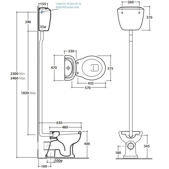 Бачок GLOBO PAESTUM настенный на высокой трубе высокий цвет белый PA010BI