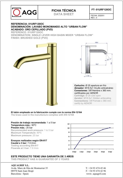AQG Urban Flow, высокий однорычажный смеситель для раковины без донного клапана, цвет матовое золото (PVD)