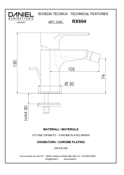 Daniel Reflex, однорычажный смеситель для биде с донным клапаном, цвет хром