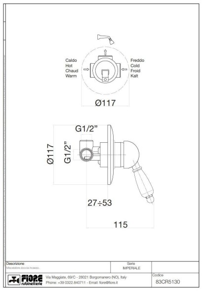 Fiore Imperiale, встраиваемый в стену однорычажный смеситель для душа, цвет хром