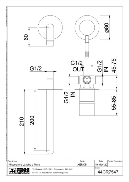 Fiore Xenon, встраиваемый в стену смеситель для раковины с круглым основанием, цвет золото