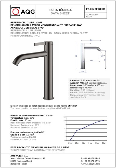 AQG Urban Flow, высокий однорычажный смеситель для раковины без донного клапана, цвет оружейная сталь (PVD)