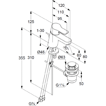 Смеситель KLUDI PURE&amp;EASY 372850565 для раковины на одно отверстие однорычажный с донным клапаном