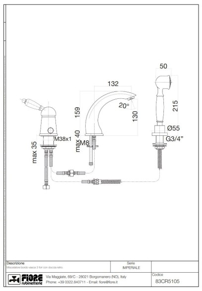 Fiore Imperiale, комплект смесителя на борт ванны (излив 13,2 см), на 3 отверстия, с набором для душа, цвет бронза